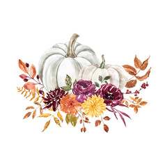 Watercolor pastel pumpkins arrangement with flowers and leaves arrangement. Fall invitation template, holiday card. hand painted botanical illustration.