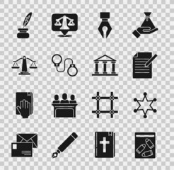 Canvas Print - Set Evidence bag and bullet, Hexagram sheriff, Document pen, Fountain nib, Handcuffs, Scales of justice, Feather inkwell and Courthouse building icon. Vector