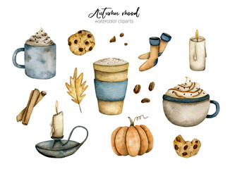 watercolor set with autumn mood with coffee, cookies, candles and socks on a white background
