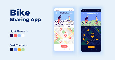 Canvas Print - Bike sharing app cartoon smartphone interface vector templates set. Mobile app screen page day and dark mode design. Bicycle sharing platform UI for application. Phone display with flat character