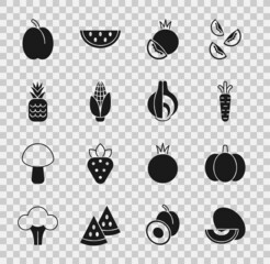 Sticker - Set Melon fruit, Pumpkin, Carrot, Tomato, Corn, Pineapple, Plum and Onion icon. Vector