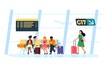 © VectorBum - People in airport waiting room. Departure lounge. Passengers with luggage and suitcases wait flight. Men or women sit in chairs. Travelers drink coffee. Vector airline transportation