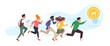 People running for idea. Group of characters pursuit lamp. Men and women catch light bulb together. Creative teamwork. Collective brainstorming. Workers search solution. Vector concept
