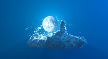 Lone Big Blue Cumulus Cloud And Moon , Conceptual Nature 3D Rendering