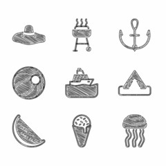 Wall Mural - Set Cruise ship, Ice cream in waffle cone, Jellyfish, Tourist tent, Watermelon, Beach ball, Anchor and Elegant women hat icon. Vector