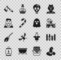 Sticker - Set Witch hat, Garden fence wooden, Castle, fortress, Skull, Christmas candy cane, Vampire, Wooden axe and Ghost icon. Vector