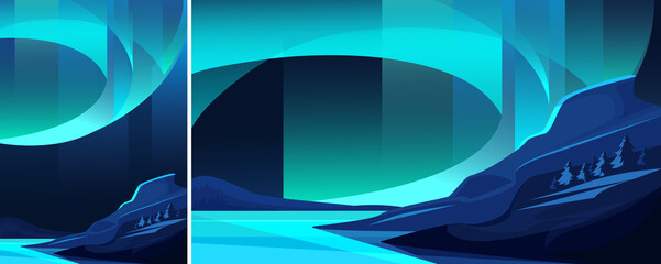 Wall Mural - illustration of northern lights. landscape with natural light show in different formats.