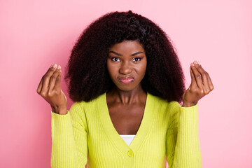 Sticker - Photo of unsatisfied dark skin lady fingers hands show money symbol sullen face isolated on pink color background