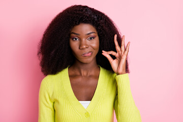 Sticker - Portrait of pretty dark skin person arm fingers show shut up near lips isolated on pink color background