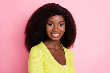 Poster - Profile photo of half turned positive dark skin lady beaming smile look camera isolated on pink color background