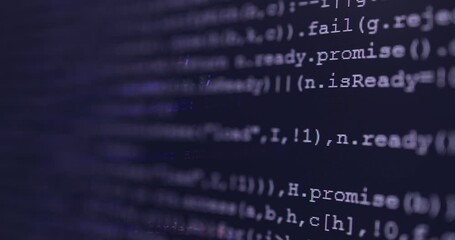 Poster - 4K Close up shot HTML tag code on PC Monitor scroll down on blue screen. Background concept for programming and coding web development.