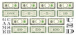 Set of fictional game paper money in the style of US dollars. Gray obverse and green reverse of banknotes with denominations of one, two, five, ten, 20, 50 and 100. Empty round in center