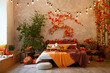 © sergiophoto - Autumn bedroom, living room interior. Red and yellow leaves and flowers in the vase and pumpkin on light background.