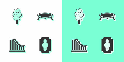 Sticker - Set Circus ticket, Cotton candy, Roller coaster and Jumping trampoline icon. Vector