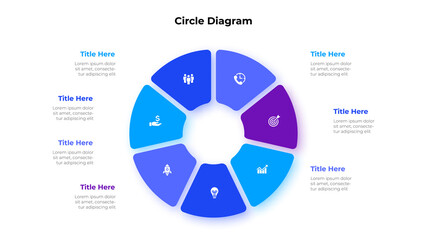 Circle diagram divided into 7 segments. Concept of seven options of business project management. Vector illustration for data analysis visualization