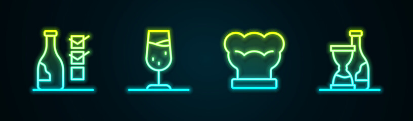 Sticker - Set line Bottle of wine, Wine glass, Chef hat and . Glowing neon icon. Vector