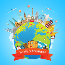 World Tourism Day. Travel Around The World With Landmark On Earth. Road Trip. Journey Concept. Travelling Banner. Vector Illustration In Flat Style Modern Design.