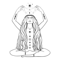 Wall Mural - Hand drawn mystical woman with Sun, Moon, star in line art. Spiritual abstract silhouette young woman. Magic profile, esoteric talisman. Vector illustration isolated on white background