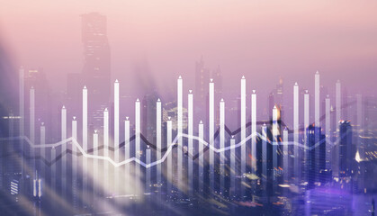 Sticker - Histogram and lines economic chart on modern architecture background