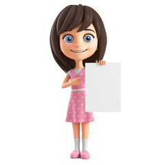 Wall Mural - Cartoon character beautiful girl in a pink dress and blue eyes points to a blank sheet of paper on a white background. 3d render illustration.