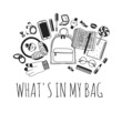 Hand drawn Fashion Illustration What is in my bag. Vector picture