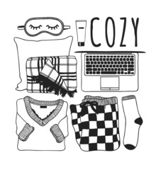 Wall Mural - Hand drawn fashion illustration. Creative ink art work. Actual cozy vector drawing. Winter set: pajamas, bra, pillow, plaid, sleeping mask, book and glasses, slippers, socks, laptop