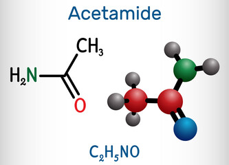 Acetamide, ethanamide molecule. It is a monocarboxylic acid amide, used as plasticizer in the processes of obtaining leather, paper. Structural chemical formula and molecule model