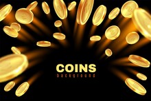 Explosion Gold Coin. Dollar Coins Golden Rain. Game Gambling Prize Money Splash. Casino Jackpot, Bingo Background Isolated On Black. Square Luxury Frame With Copy Space Vector Illustration