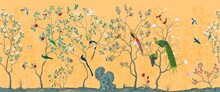 Chinoiserie Vintage Floral Illustration For Wallpaper, Fabric, Packaging. Mural. Bloom. Seamless Background With Exotic Birds And Flowers