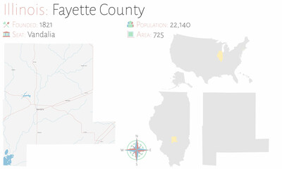  Large and detailed map of Fayette county in Illinois, USA.