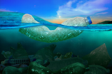 Plastic bottle, pollution that floats in the ocean (Environment concept)	