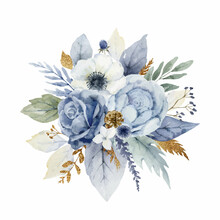 A Watercolor Vector Christmas Bouquet With Dusty Blue Flowers And Branches.