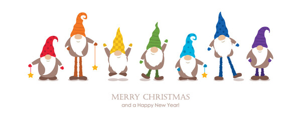 christmas greeting card with cute christmas dwarf in rainbow colours