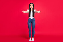 Full Length Photo Of Young Attractive Asian Girl Happy Positive Smile Open Hands Hug Welcome Isolated Over Red Color Background