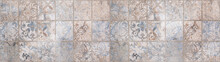 Old Gray Blue Brown Vintage Shabby Patchwork Motif Tiles Stone Concrete Cement Wall Texture Background Banner Panorama