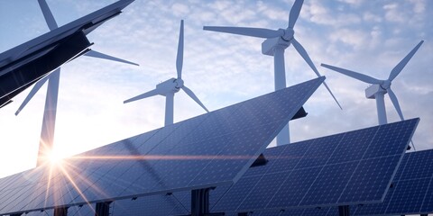 solar field with wind turbines in the background.