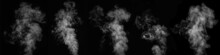 A Set Of Five Different White Fumes, Smoke On A Black Background To Add To Your Pictures. A Collection Of Vapors