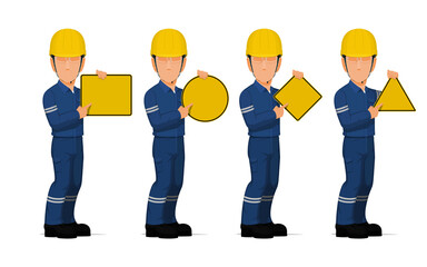 Wall Mural - Set of industrial worker is presenting warning sign on white background