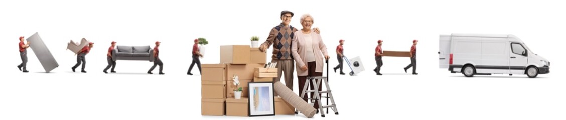 Wall Mural - Elderly couple with boxes and workers from a removal company