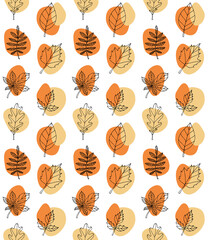 Wall Mural - Vector seamless pattern of hand drawn doodle sketch autumn leaves and abstract dots isolated on white background