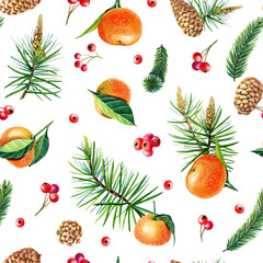 Watercolor Christmas seamless pattern with tangerine, Holly, leaves, berries