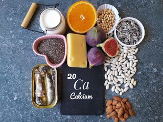 Wall Mural - Food rich in calcium with the symbol Ca and atomic number 20. Natural products containing calcium, minerals, dietary fibers, vitamins. Calcium high food. Healthy sources of calcium, healthy diet food.