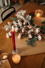 Stylish Christmas Bouquet Placed On Wooden Table