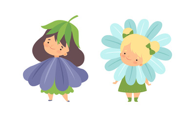 Wall Mural - Cute Little Kids Wearing Flower Costume Vector Set