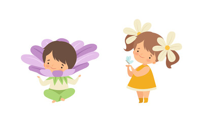 Poster - Cute Little Kids Wearing Flower Costume Vector Set