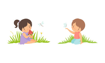 Poster - Cute Little Boy and Girl Sitting on Green Meadow Grass with Blooming Flower Vector Set