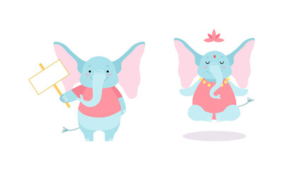 Cute Blue Elephant with Trunk Holding Empty Banner on Pole and Levitating in Lotus Pose Vector Set