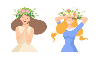 Poster - Young Female with Splendid Hair Having Floral Wreath on Her Head Vector Set