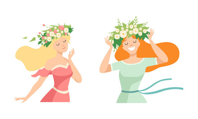 Poster - Young Female with Splendid Hair Having Floral Wreath on Her Head Vector Set