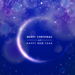 Wall Mural - greeting card merry christmas and happy new year in golden glitter circle on blue shine vector backg